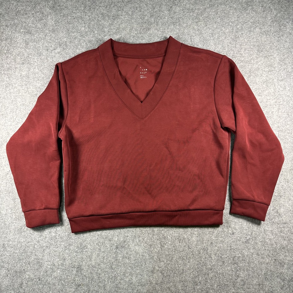 A New Day V-Neck Pullover Sweatshirt Small Burgundy‎ Solid Long Sleeve